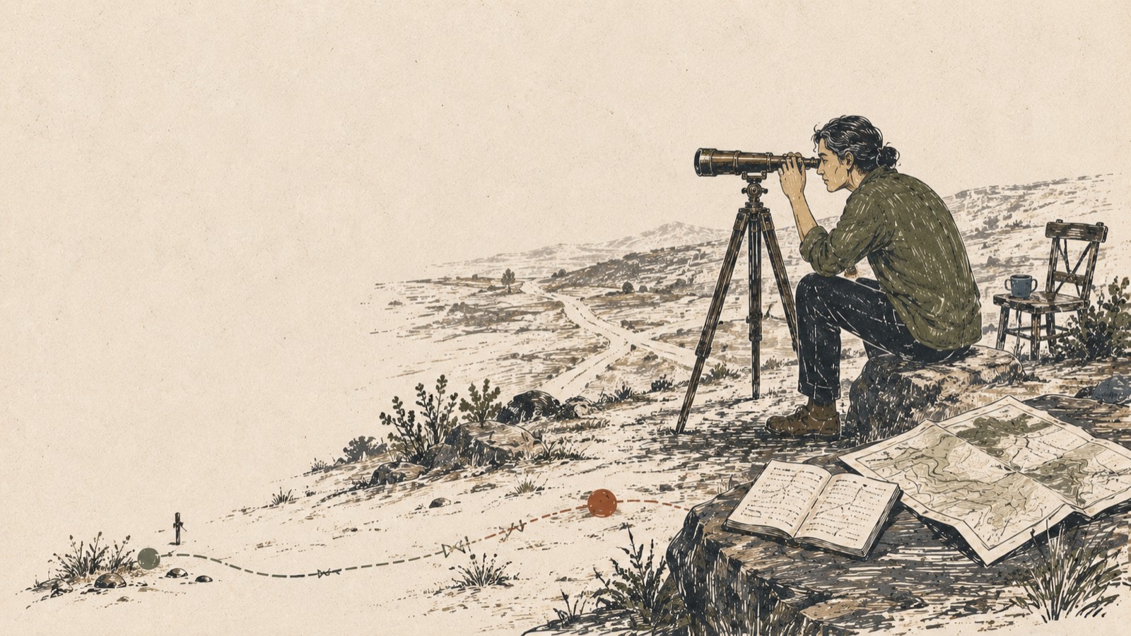 Block-print illustration of a person looking through a telescope across an open landscape, a winding path leading toward the horizon.